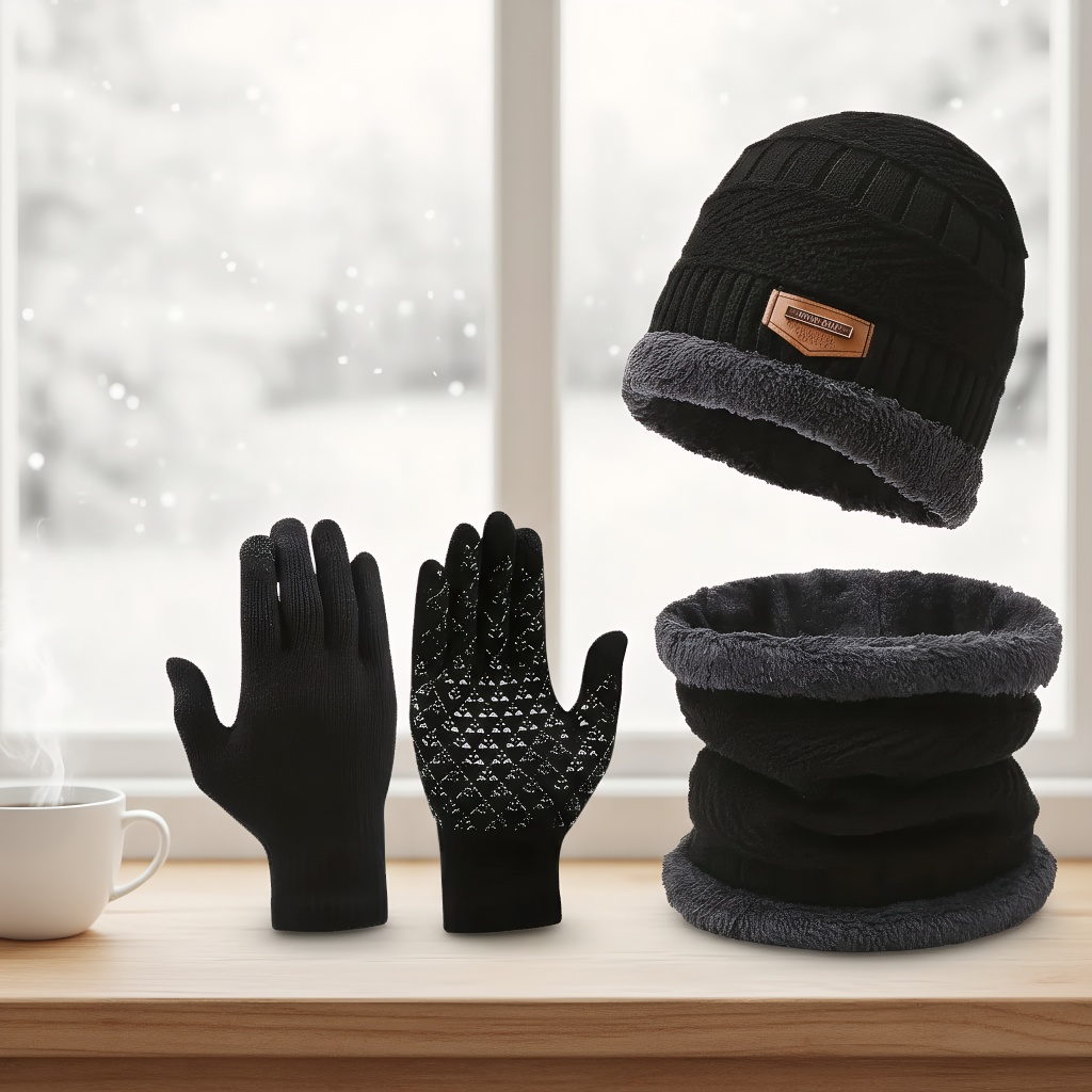 Wool Scarf Men - Winter Knit Hat & Scarf Set