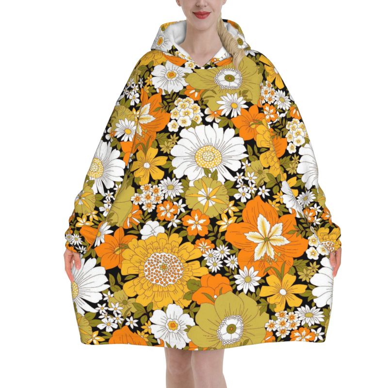 Hippie Flower Floral Retro Bla - Sherpa Hoodie Fleece 리뷰 및 가격