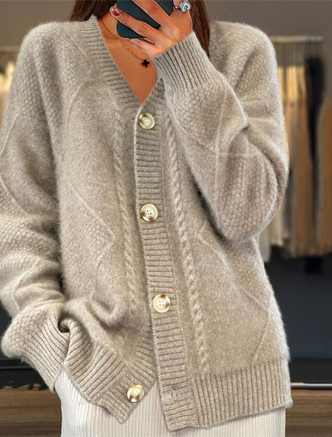 Women V Neck Cable Knit Cardig - Down Jacket Packable 리뷰 및 가격