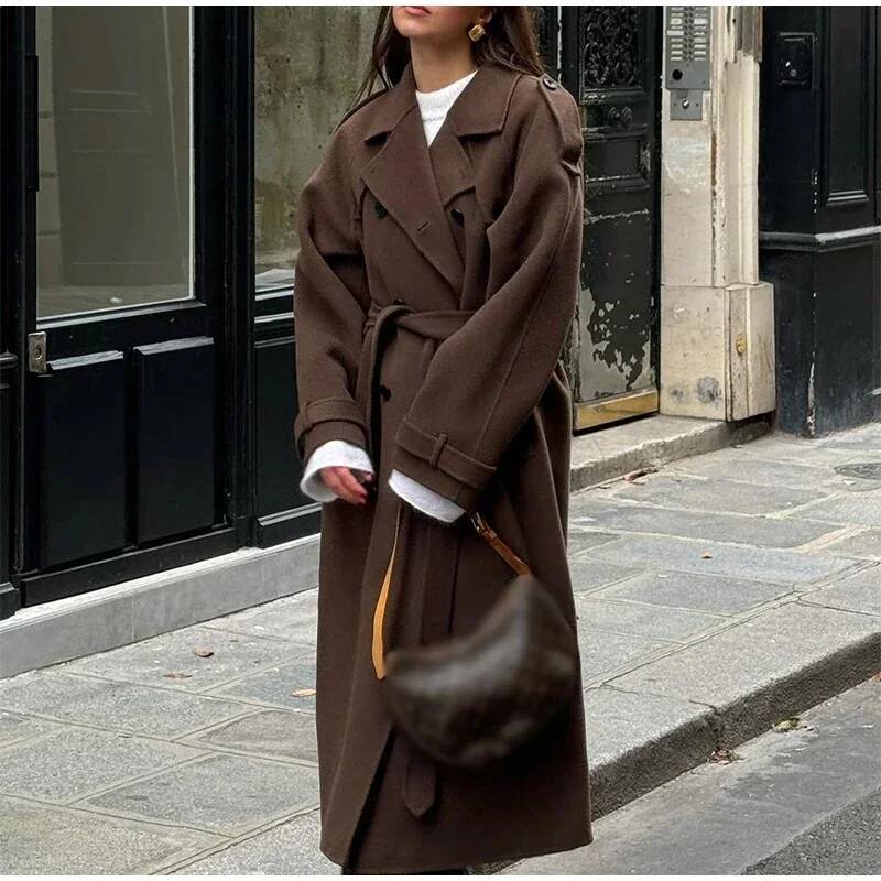 Elegant Grey Belt Long Faux Wo - Wool Coat Peacoat 리뷰 및 가격